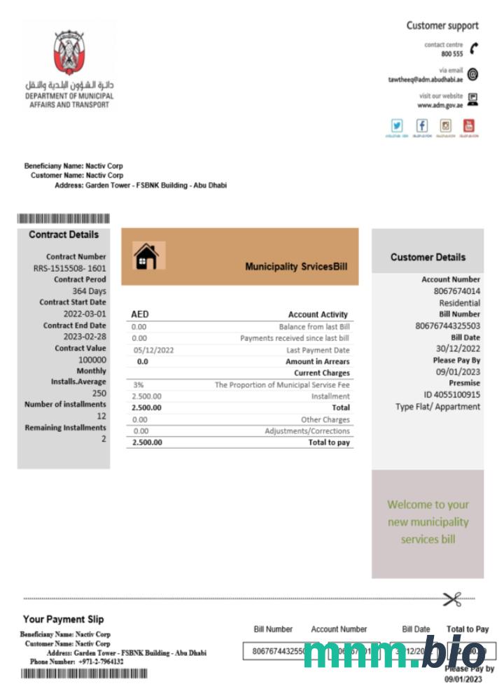 Emirates Abu Dhabi Municipality Service rachunek za usługi komunalne